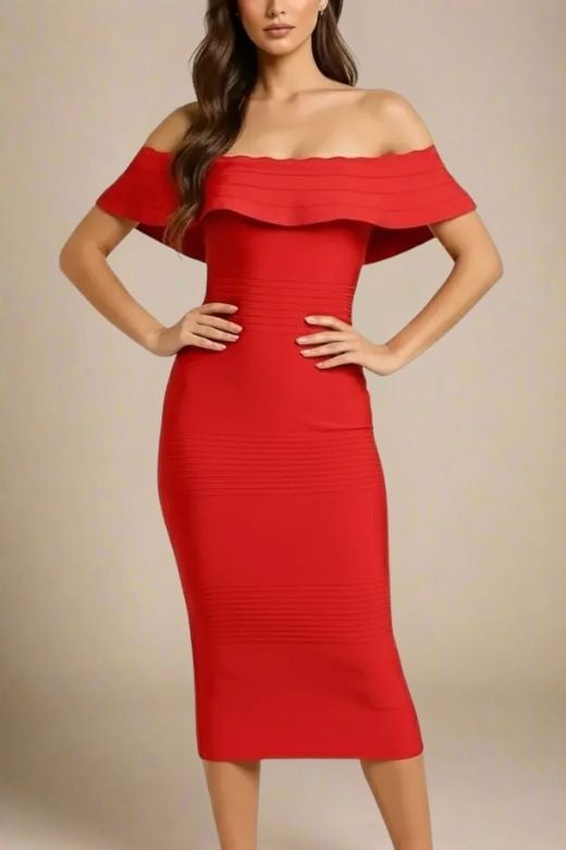Woman wearing a figure flattering  Billie Bandage Midi Dress - Lipstick Red Bodycon Collection