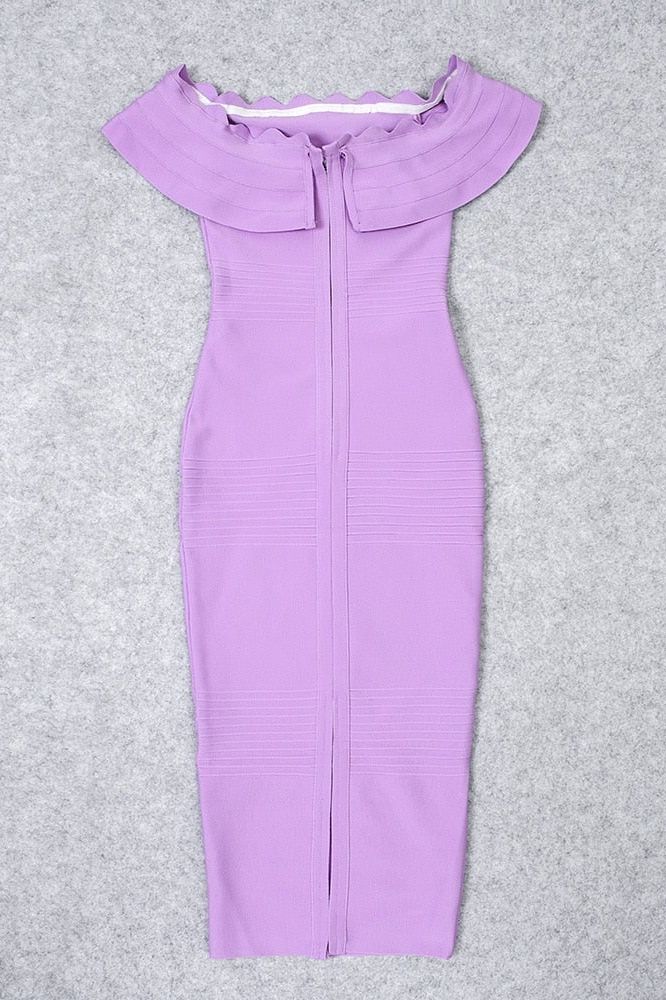 Woman wearing a figure flattering  Billie Bandage Midi Dress - Violet Bodycon Collection