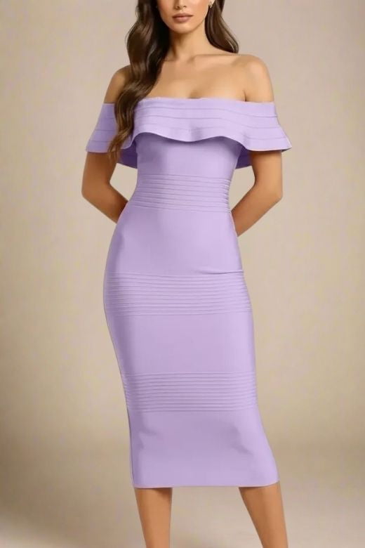 Woman wearing a figure flattering  Billie Bandage Midi Dress - Violet Purple Bodycon Collection