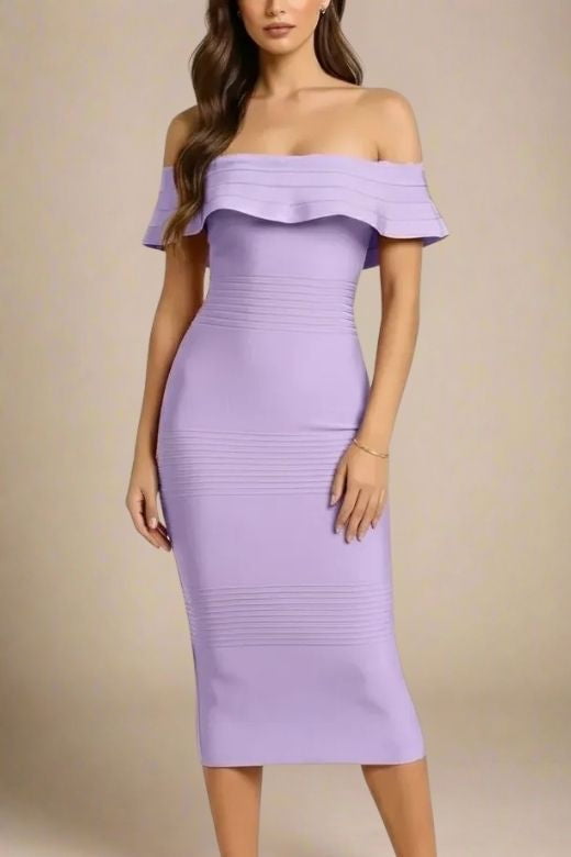 Woman wearing a figure flattering  Billie Bandage Midi Dress - Violet Purple Bodycon Collection