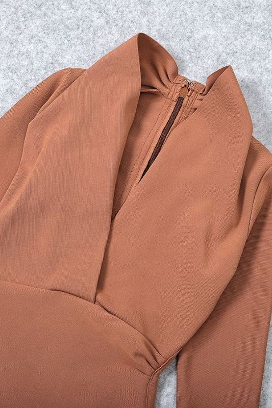 Woman wearing a figure flattering  Blaire Long Sleeve Bandage Dress - Tan Brown BODYCON COLLECTION