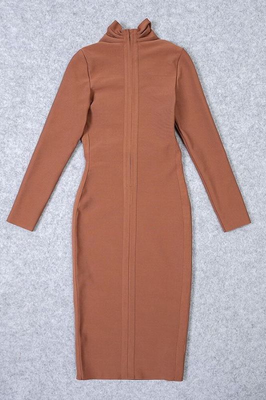 Woman wearing a figure flattering  Blaire Long Sleeve Bandage Dress - Tan Brown BODYCON COLLECTION