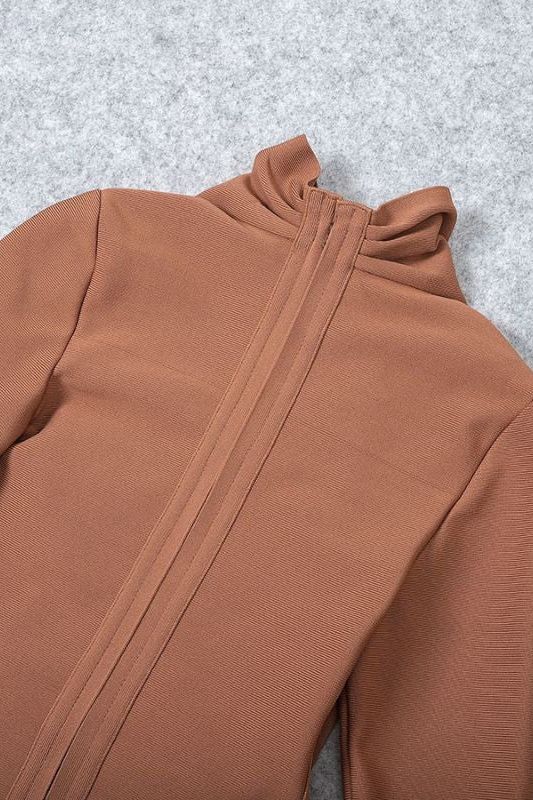 Woman wearing a figure flattering  Blaire Long Sleeve Bandage Dress - Tan Brown BODYCON COLLECTION