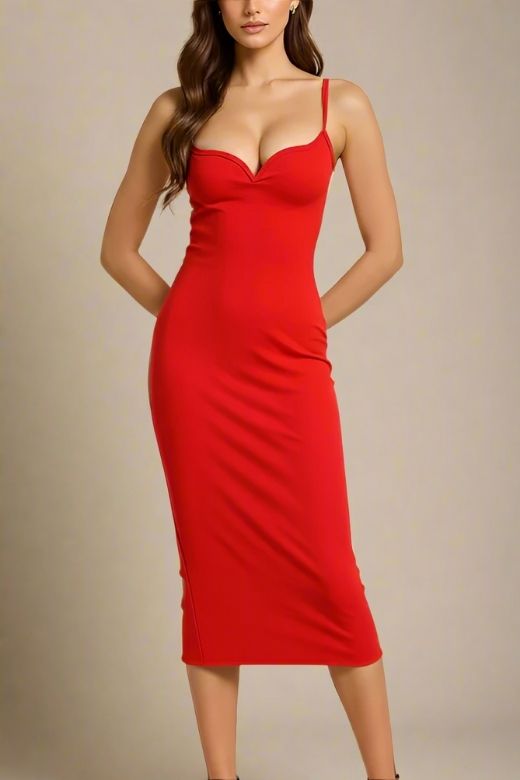 Woman wearing a figure flattering  Blanche Bandage Midi Dress - Lipstick Red BODYCON COLLECTION