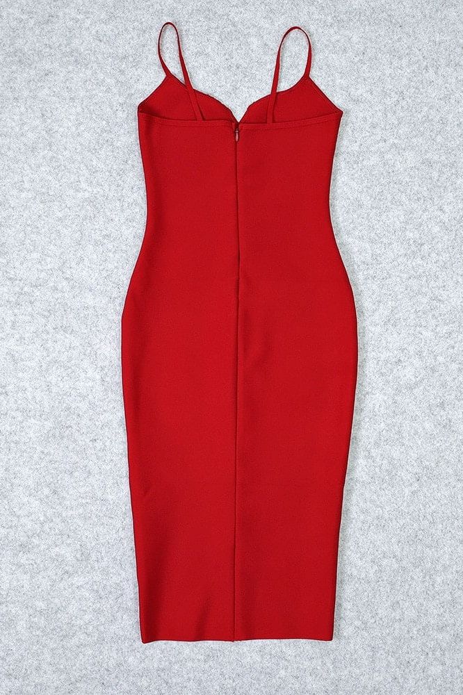 Woman wearing a figure flattering  Blanche Bandage Midi Dress - Lipstick Red BODYCON COLLECTION
