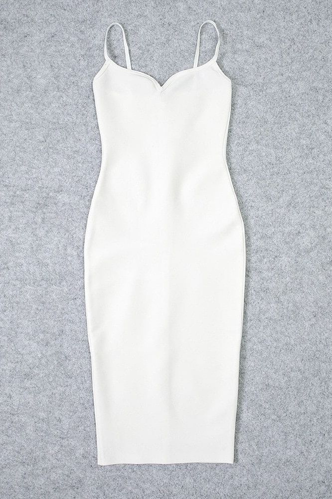 Woman wearing a figure flattering  Blanche Bandage Midi Dress - Pearl White BODYCON COLLECTION