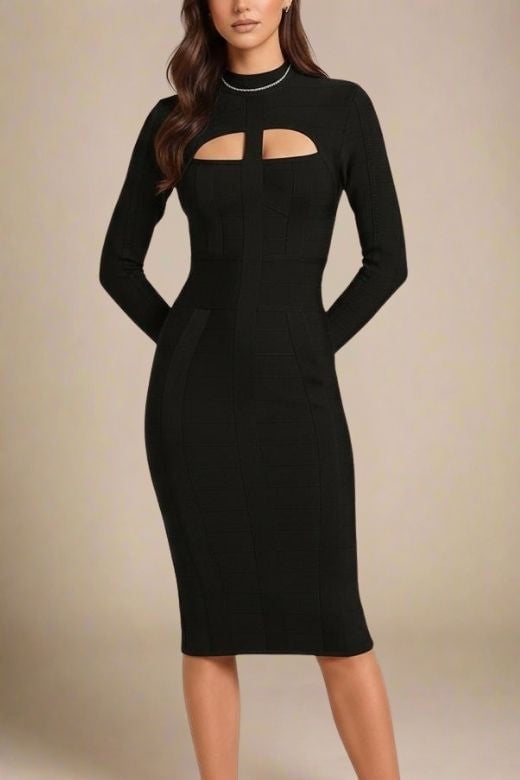Woman wearing a figure flattering  Brooke Long Sleeve Bandage Dress - Classic Black BODYCON COLLECTION
