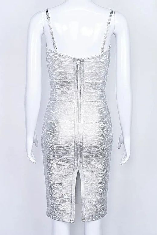 Woman wearing a figure flattering  Camila Bandage Dress - Silver BODYCON COLLECTION Pty Ltd