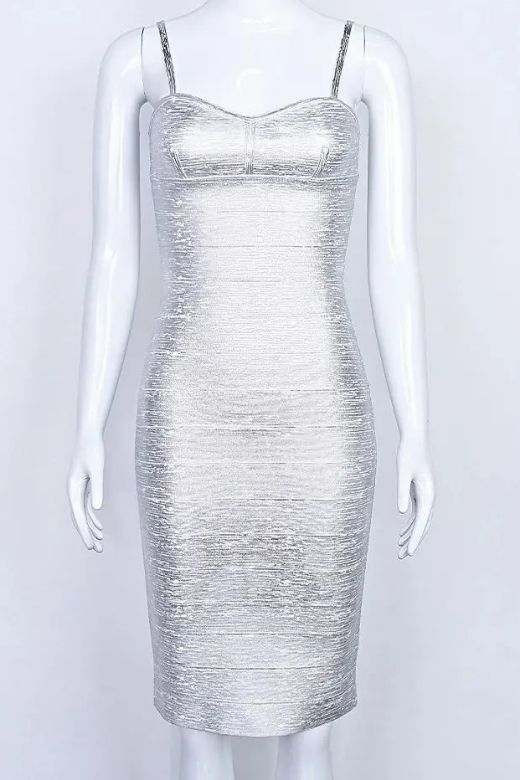 Woman wearing a figure flattering  Camila Bandage Dress - Silver BODYCON COLLECTION Pty Ltd