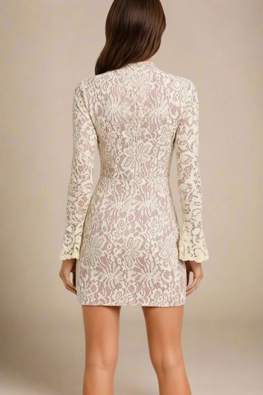 Woman wearing a figure flattering  Charlotte Long Sleeve Bodycon Mini Dress - Cream BODYCON COLLECTION