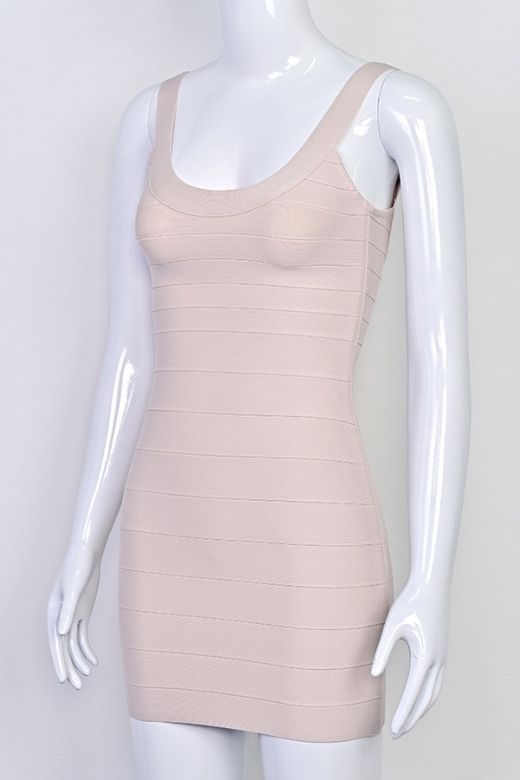 Woman wearing a figure flattering  Cindy Bandage Mini Dress - Beige BODYCON COLLECTION Pty Ltd