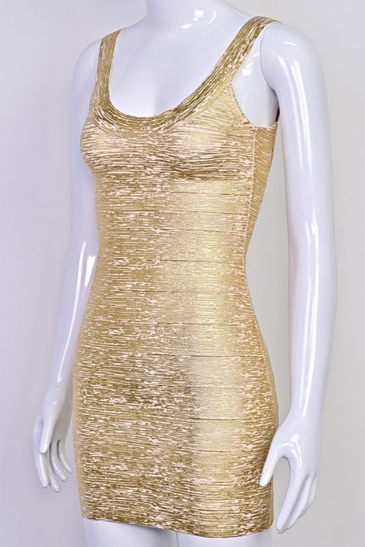 Woman wearing a figure flattering  Cindy Bandage Mini Dress - Gold BODYCON COLLECTION Pty Ltd