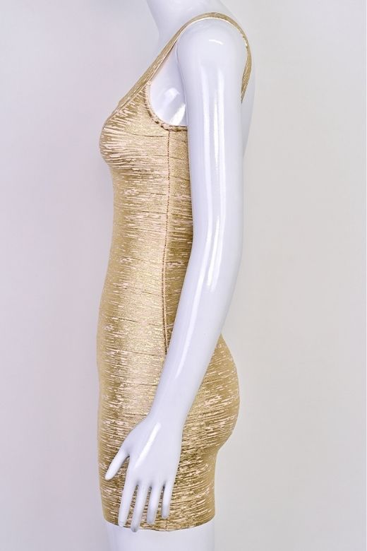 Woman wearing a figure flattering  Cindy Bandage Mini Dress - Gold BODYCON COLLECTION Pty Ltd
