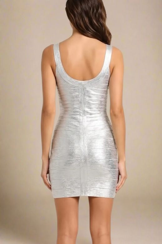 Woman wearing a figure flattering  Cindy Bandage Mini Dress - Silver BODYCON COLLECTION Pty Ltd