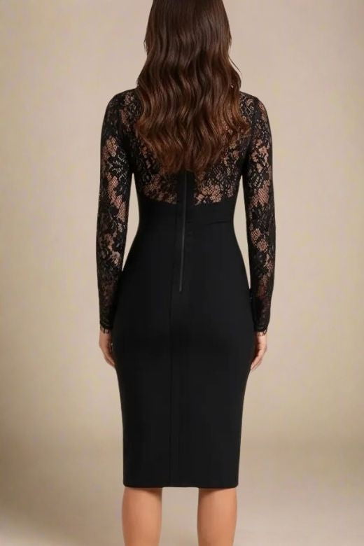 Woman wearing a figure flattering  Elia Long Sleeve Bandage Dress - Classic Black BODYCON COLLECTION Pty Ltd