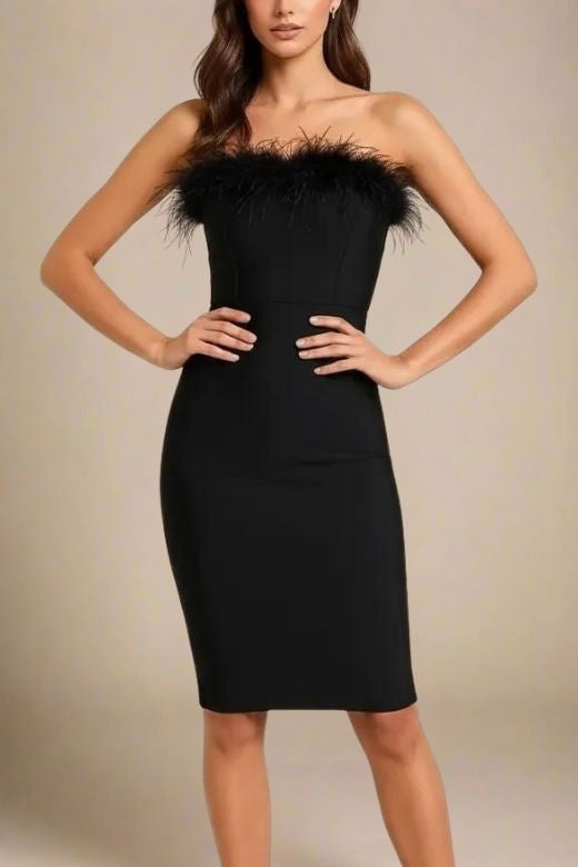 Woman wearing a figure flattering  Erin Bandage Dress - Classic Black BODYCON COLLECTION