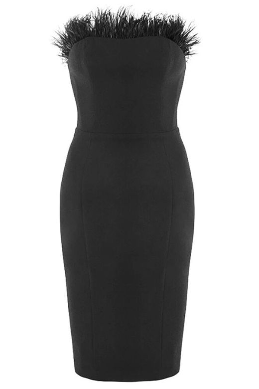 Woman wearing a figure flattering  Erin Bandage Dress - Classic Black BODYCON COLLECTION