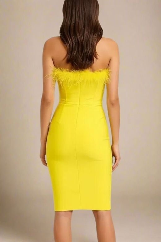 Woman wearing a figure flattering  Erin Bodycon Dress - Sun Yellow BODYCON COLLECTION