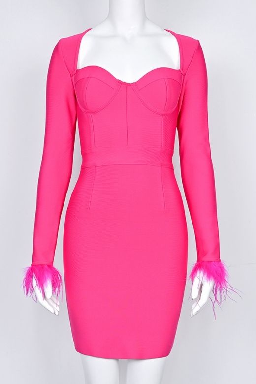 Woman wearing a figure flattering  Erin Long Sleeve Bandage Mini Dress - Hot Pink BODYCON COLLECTION