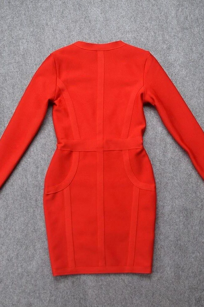 Woman wearing a figure flattering  Eva Long Sleeve Bandage Mini Dress - Lipstick Red BODYCON COLLECTION
