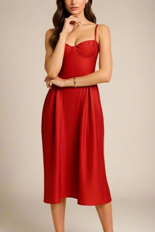 Woman wearing a figure flattering  Everly Midi Dress - Lipstick Red BODYCON COLLECTION