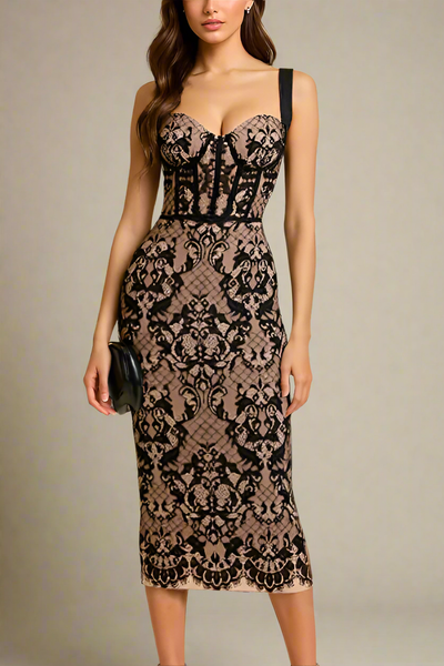 Woman wearing a figure flattering  Genevieve Bodycon Lace Midi Dress - Classic Black BODYCON COLLECTION