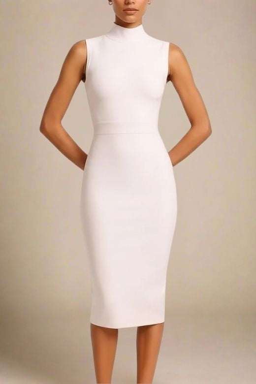 Woman wearing a figure flattering  Grace Bandage Midi Dress - Cream Bodycon Collection