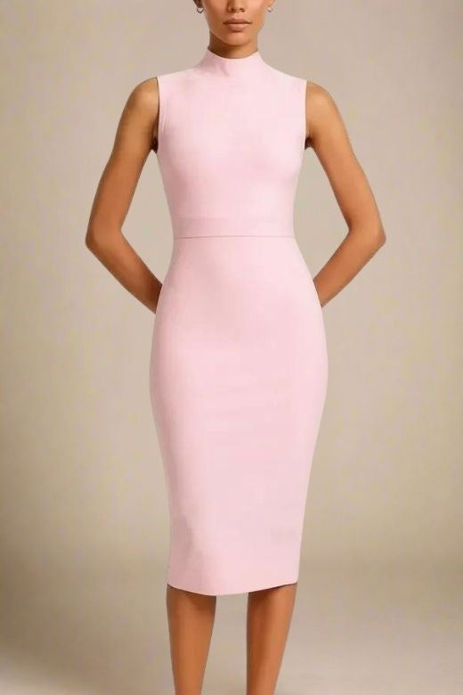Woman wearing a figure flattering  Grace Bandage Midi Dress - Dusty Pink Bodycon Collection