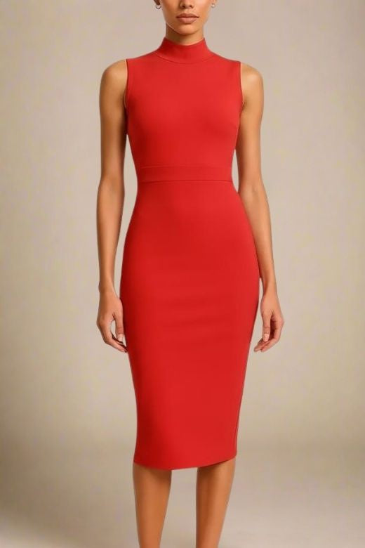 Woman wearing a figure flattering  Grace Bandage Midi Dress - Lipstick Red Bodycon Collection