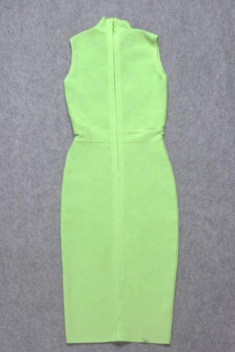 Woman wearing a figure flattering  Grace Bandage Midi Dress - Neon Green Bodycon Collection