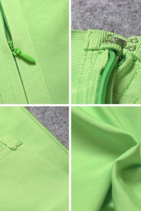 Woman wearing a figure flattering  Grace Bandage Midi Dress - Neon Green Bodycon Collection