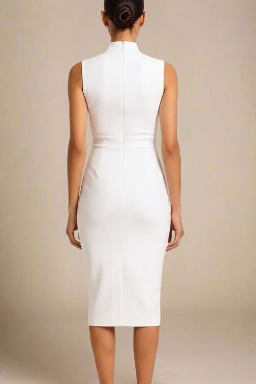 Woman wearing a figure flattering  Grace Bandage Midi Dress - White Pearl Bodycon Collection