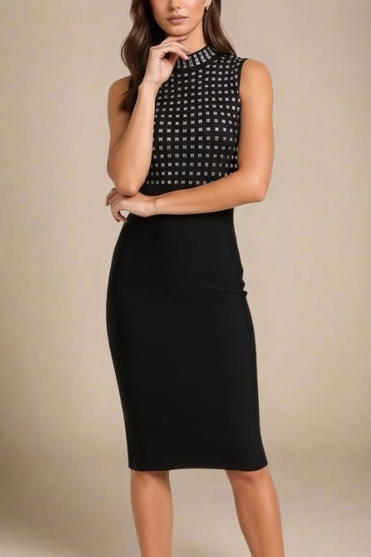 Woman wearing a figure flattering  Hazel Bodycon Dress - Classic Black BODYCON COLLECTION Pty Ltd