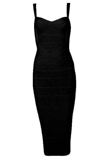 Woman wearing a black party dress   Heidi Bandage Midi Dress - Classic Black Bodycon Collection