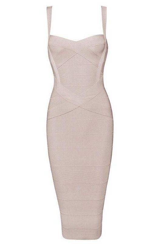 Woman wearing a cream party dress Heidi Bandage Midi Dress - Cream Bodycon Collection