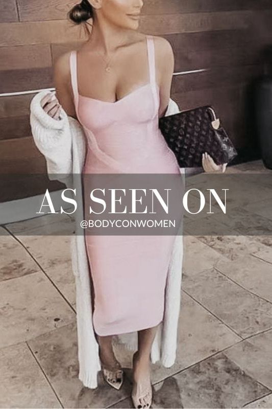 Woman wearing a figure flattering  Heidi Bandage Midi Dress - Dusty Pink Bodycon Collection