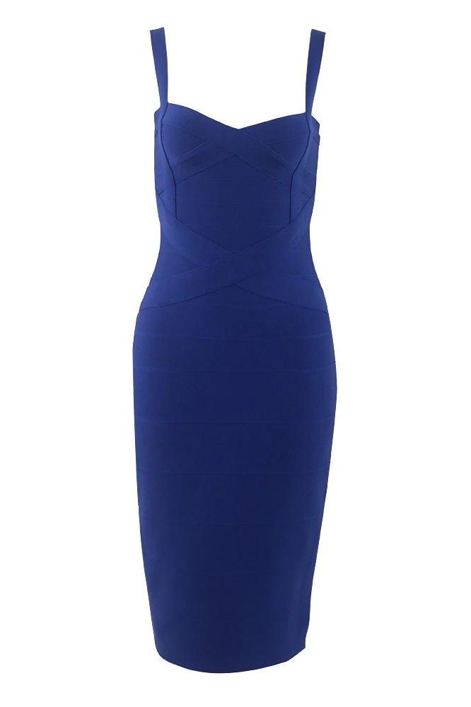 Woman wearing a navy blue party dress Heidi Bandage Midi Dress - Navy Blue Bodycon Collection