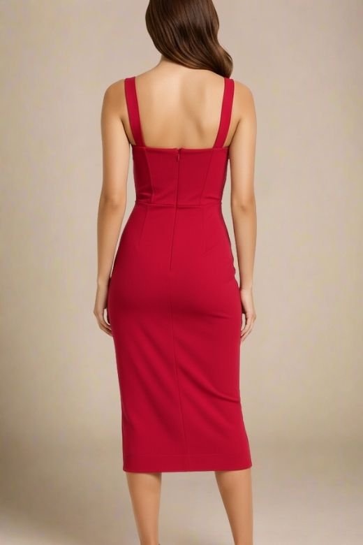 Woman wearing a figure flattering  red party dress Heidi Bandage Midi Dress - Red Wine Bodycon Collection
