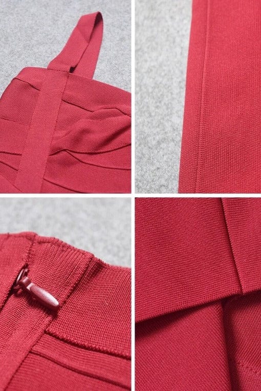 Woman wearing a figure flattering  Heidi Bandage Midi Dress - Red Wine Bodycon Collection