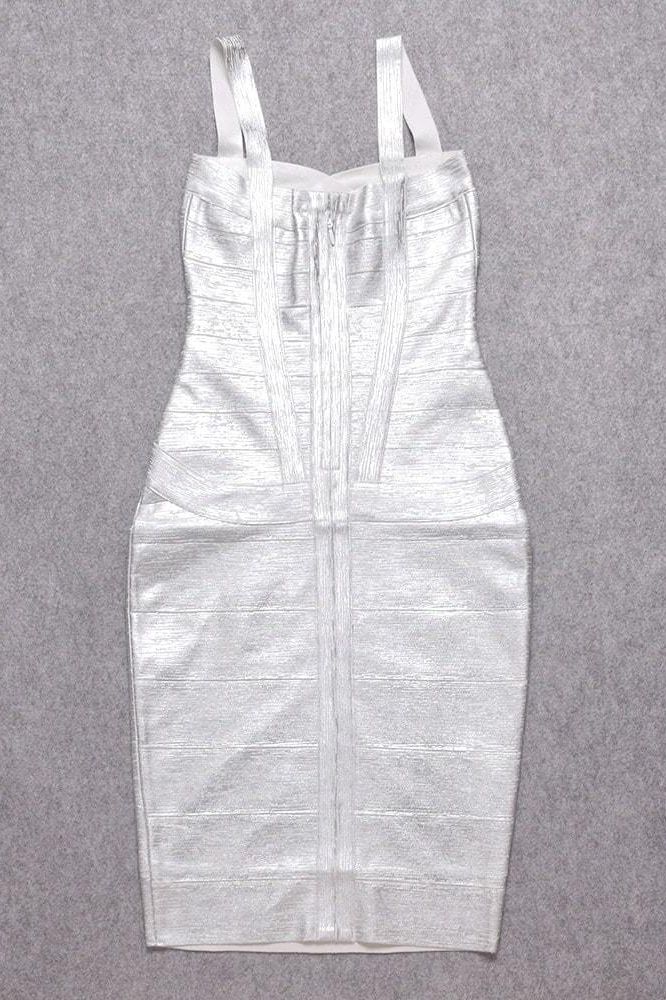 Woman wearing a figure flattering  Heidi Bandage Midi Dress - Silver BODYCON COLLECTION