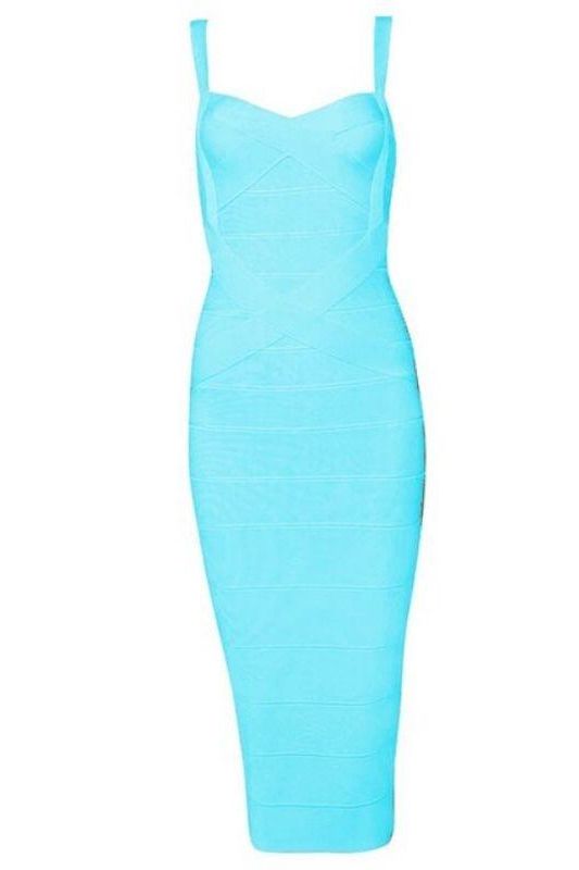 Woman wearing a sky blue party dress Heidi Bandage Midi Dress - Sky Blue Bodycon Collection