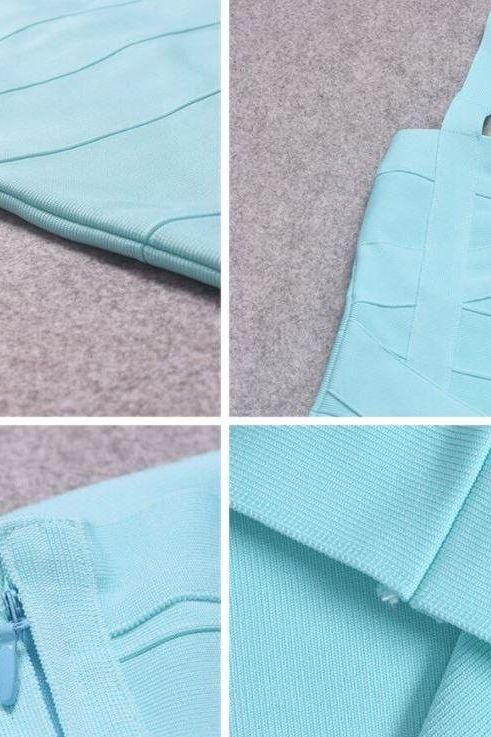 Woman wearing a figure flattering  Heidi Bandage Midi Dress - Sky Blue Bodycon Collection