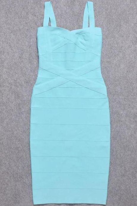 Woman wearing a figure flattering  Heidi Bandage Midi Dress - Sky Blue Bodycon Collection