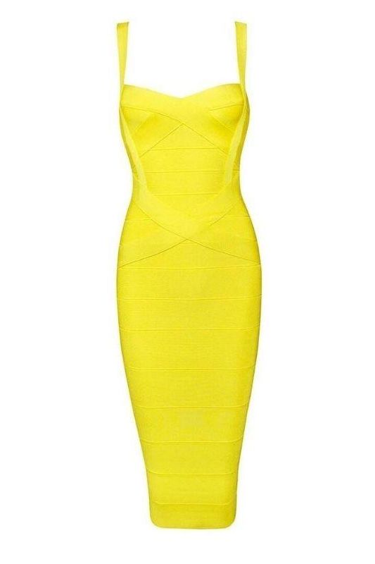 Woman wearing a yellow party dress  Heidi Bandage Midi Dress - Sun Yellow Bodycon Collection