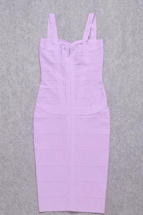 Woman wearing a figure flattering  Heidi Bandage Midi Dress - Violet Bodycon Collection