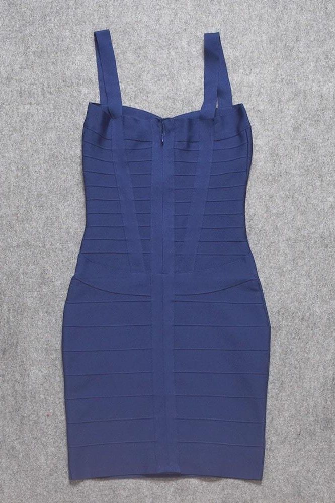 Woman wearing a figure flattering  Heidi Bandage Mini Dress - Navy Blue Bodycon Collection