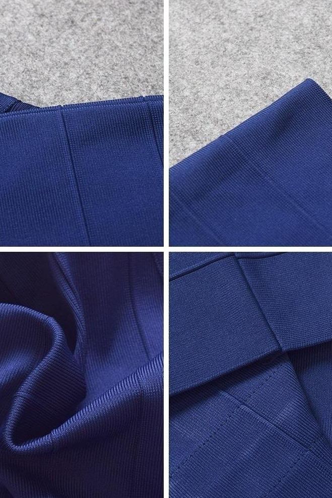 Woman wearing a figure flattering  Heidi Bandage Mini Dress - Navy Blue Bodycon Collection