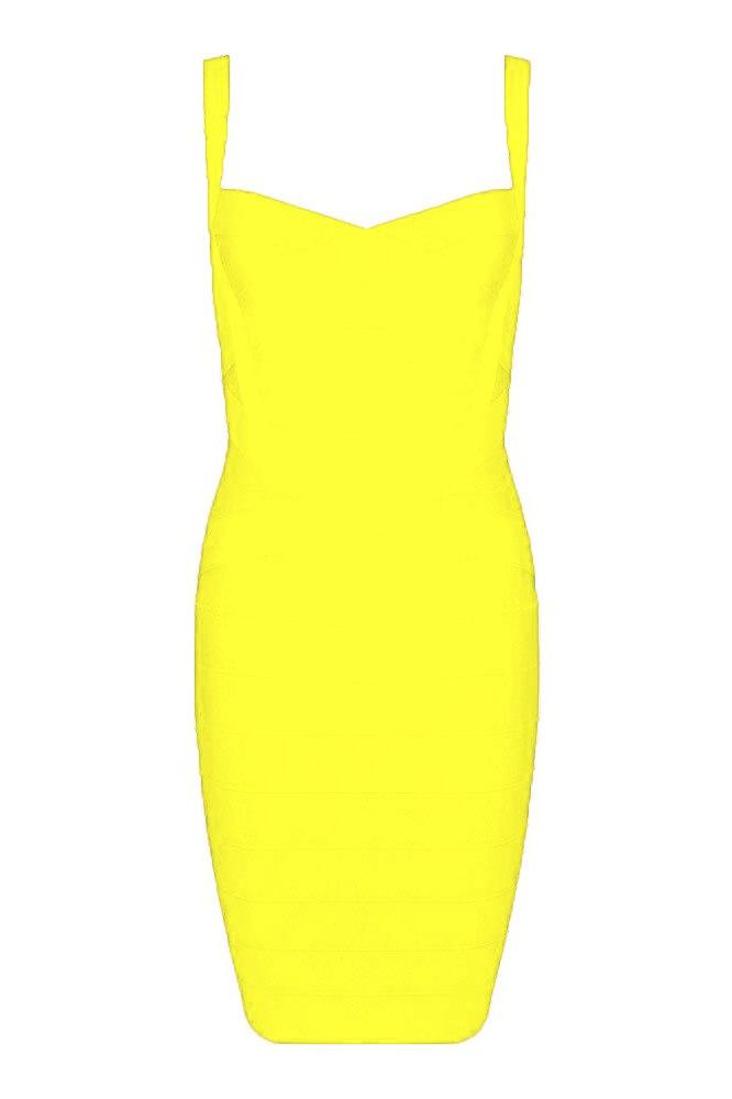 Woman wearing a figure flattering  Heidi Bandage Mini Dress - Sun Yellow Bodycon Collection