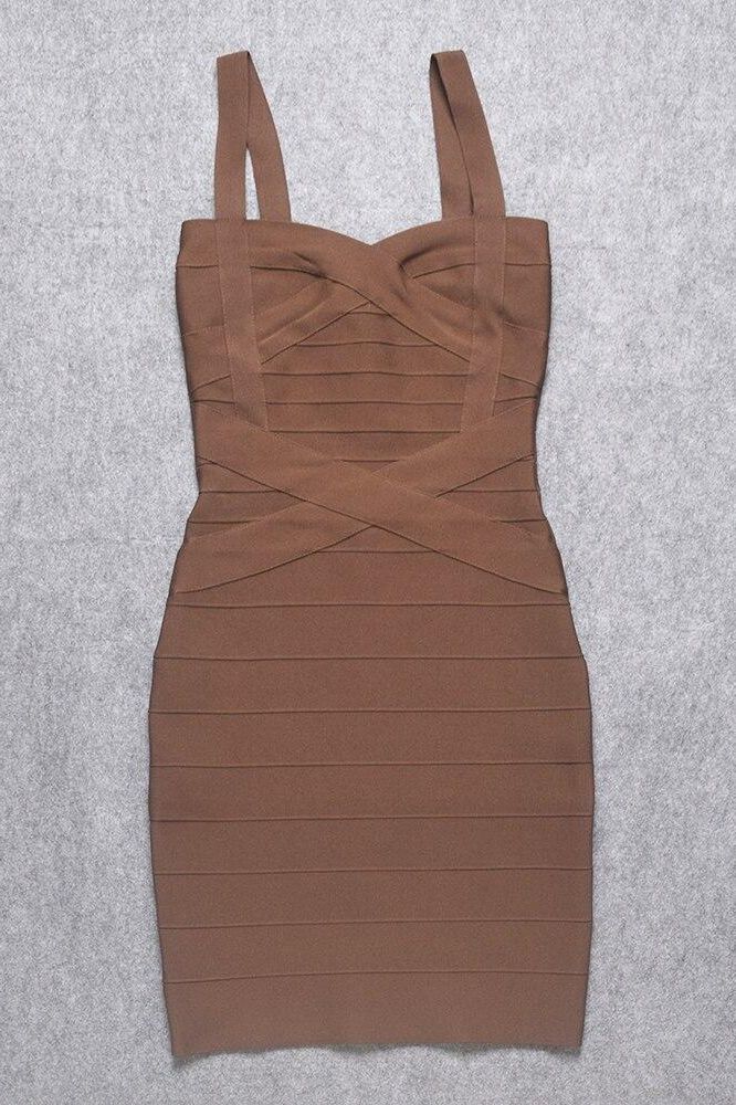 Woman wearing a figure flattering  Heidi Bandage Mini Dress - Tan Brown Bodycon Collection
