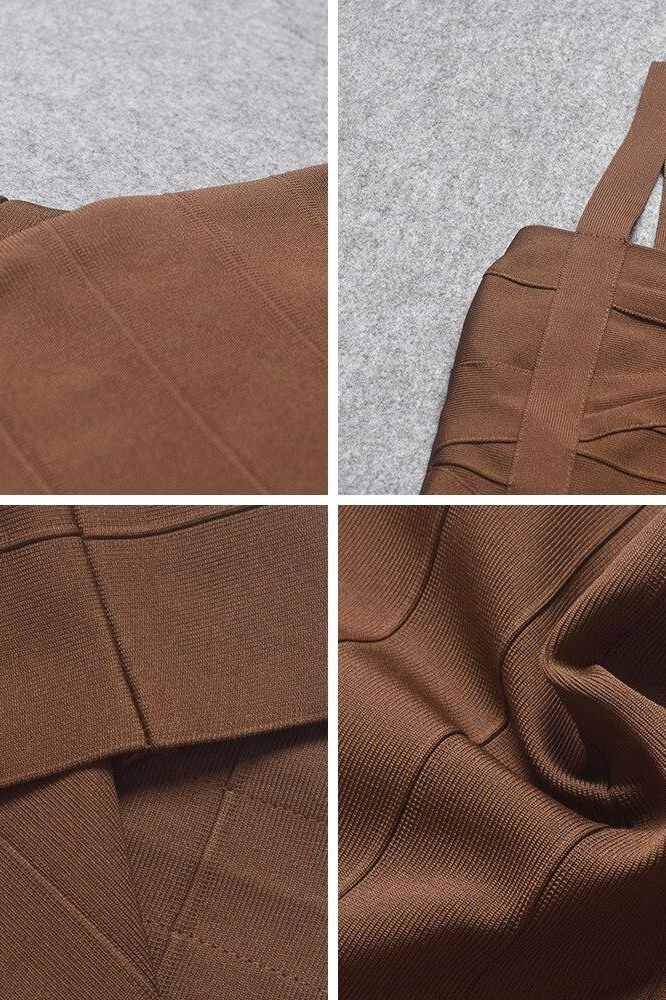 Woman wearing a figure flattering  Heidi Bandage Mini Dress - Tan Brown Bodycon Collection